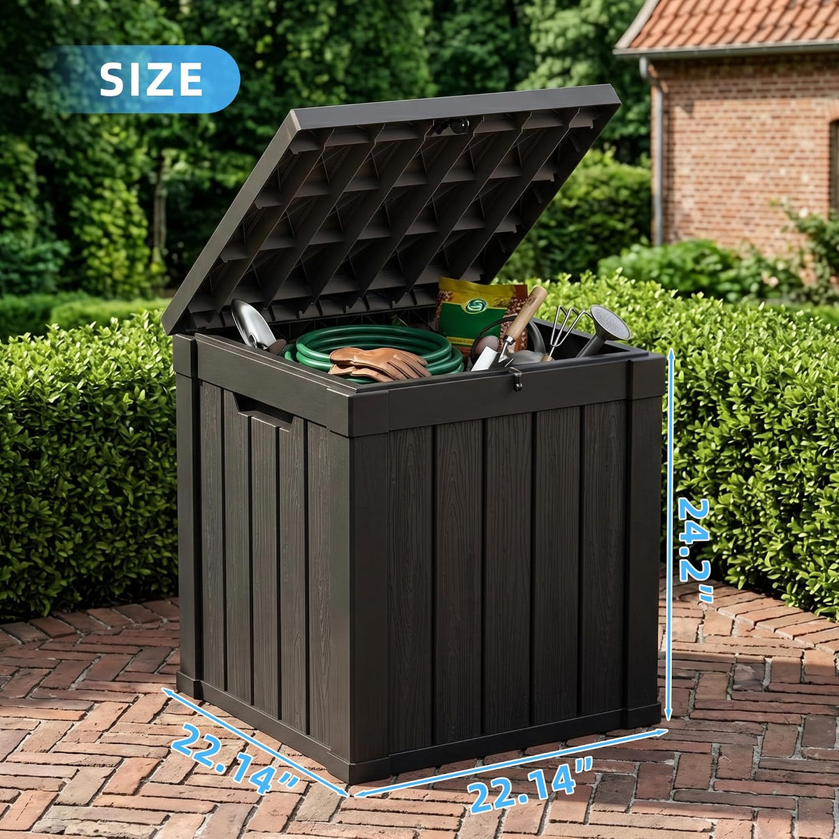 patiozen 50 gallon outdoor deck box,waterproof resin outdoor shown in use