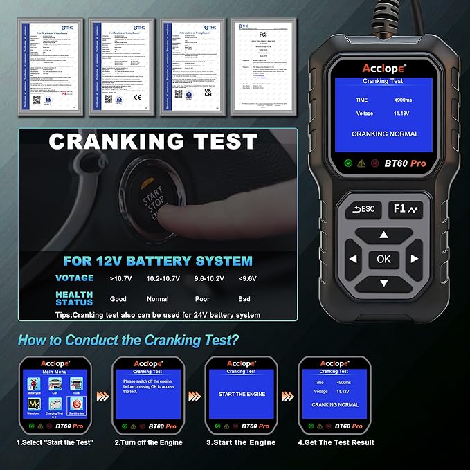 Acclope BT60 Pro Car Battery Tester, Digital Analyzer