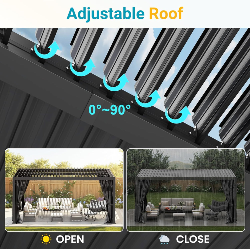 Pergola 12'x16' with Adjustable Roof & Thick Aluminum Frame for A...