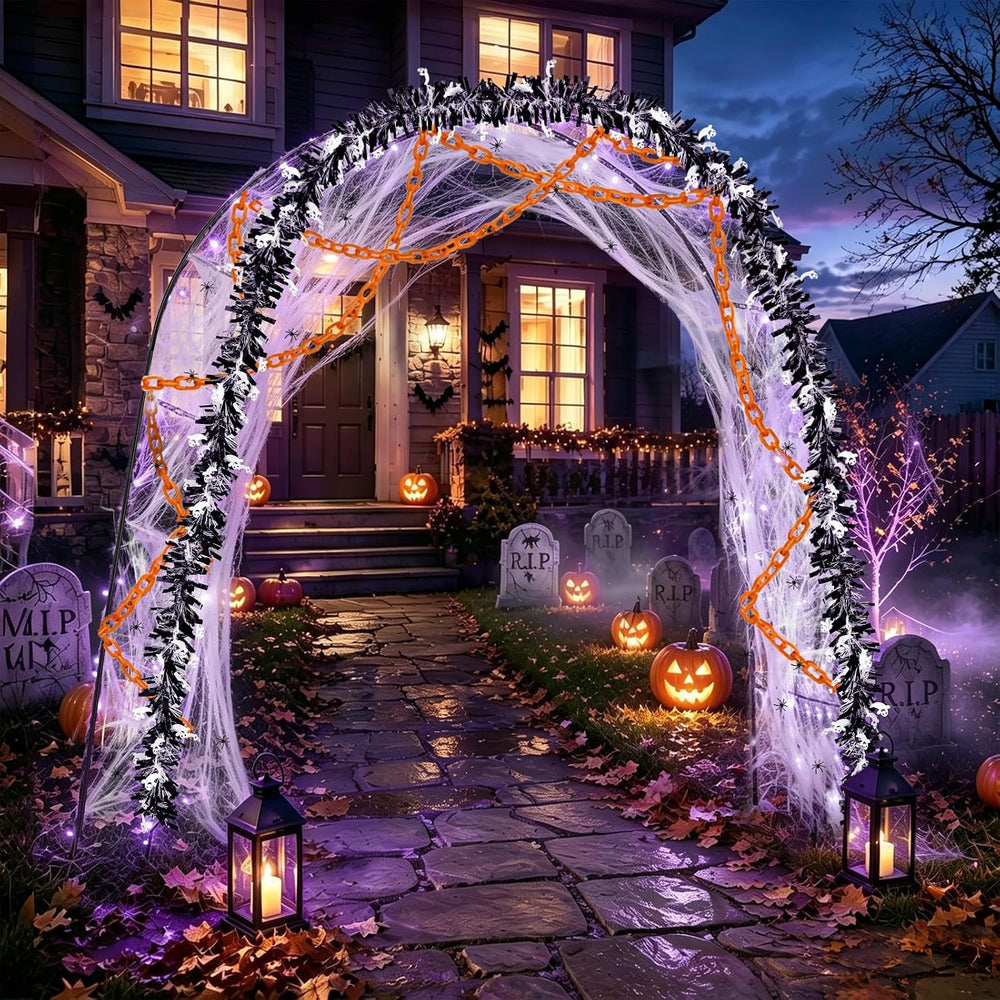 7Pcs Halloween Outdoor Arch Decor, 1 Arches 20 Spiders 3 Tinsel Garland