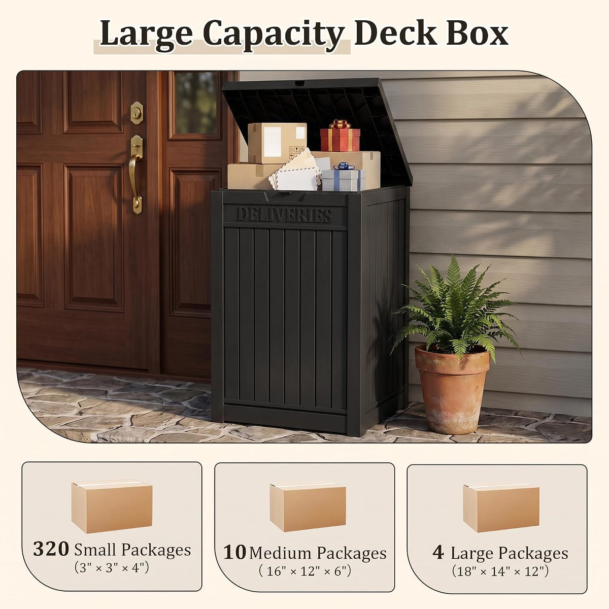 package delivery boxes for outside, deck storage box showing dimensions