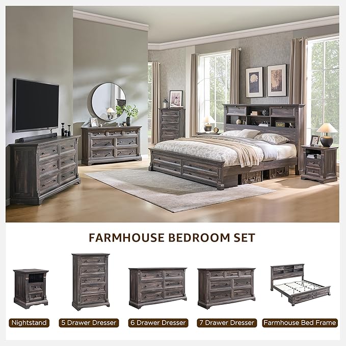 Farmhouse Nightstand with Charging Station, Wooden Sofa Side Table w/Roman