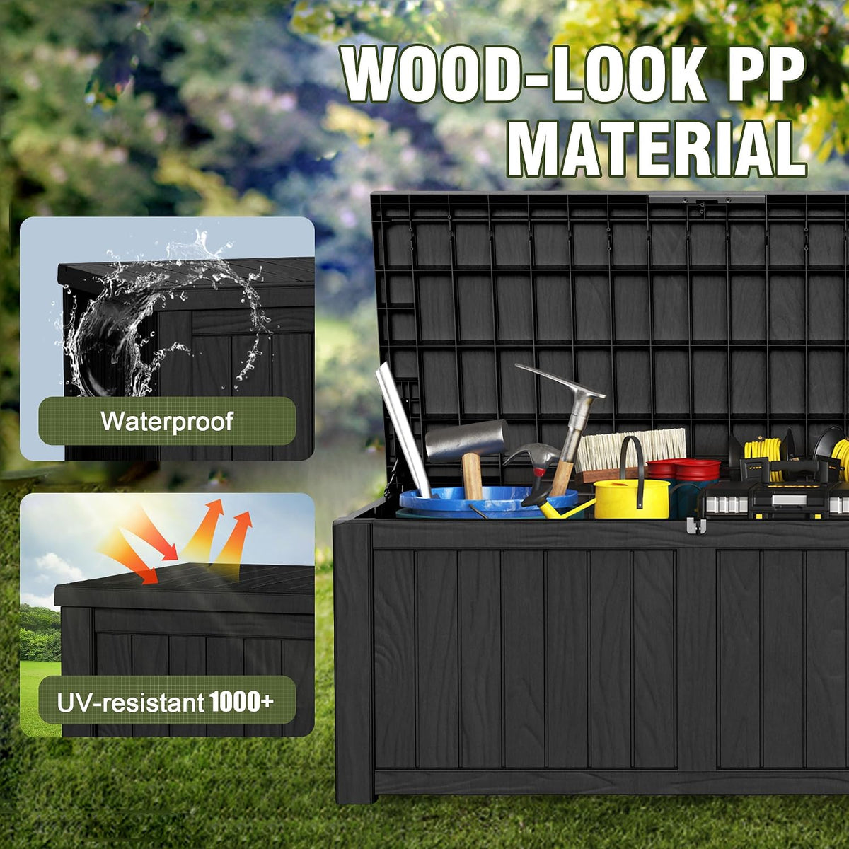 150 gallon outdoor deck box, lockable waterproof outdoor, close-up detail