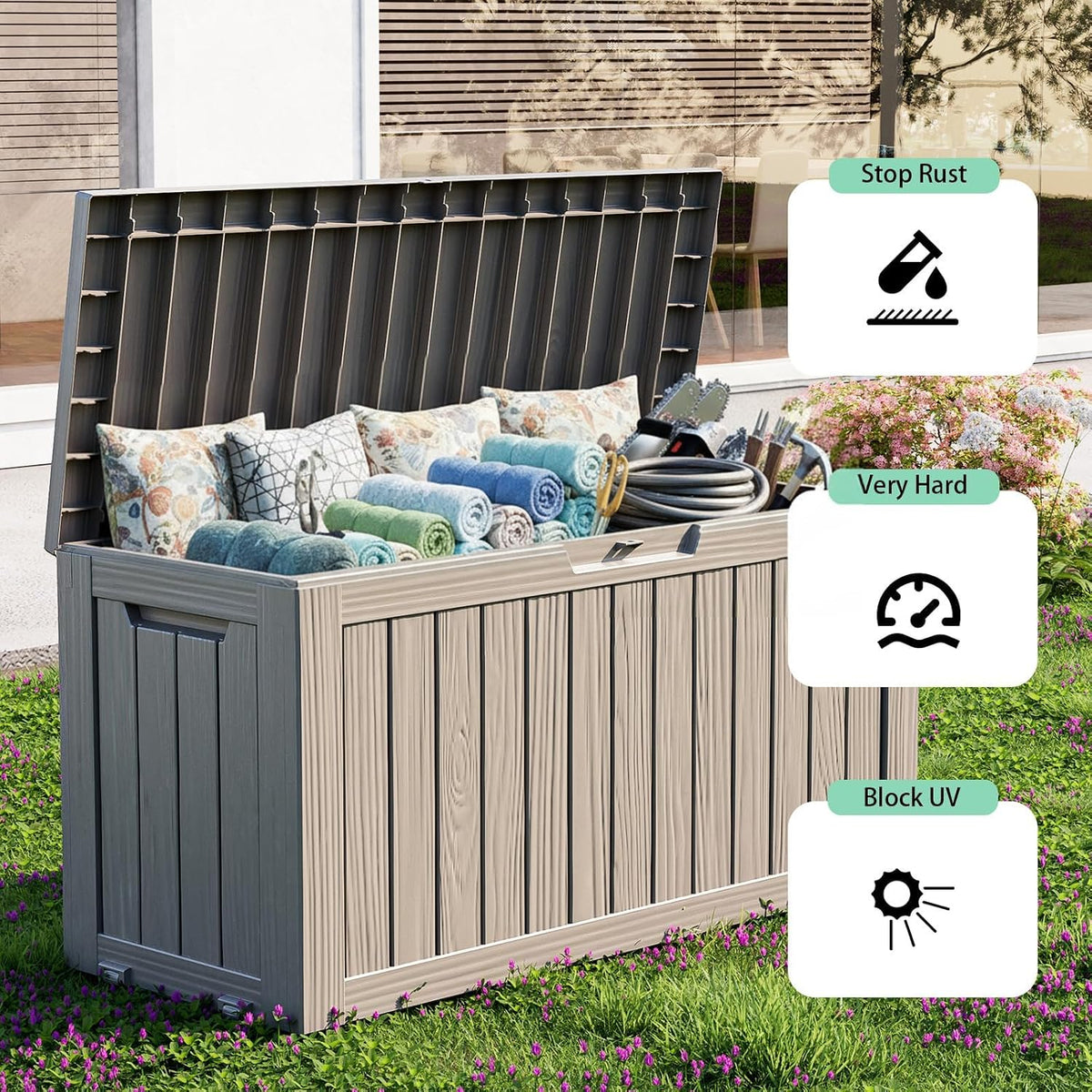 86 gal lockable outdoor storage box waterproof deck, side view