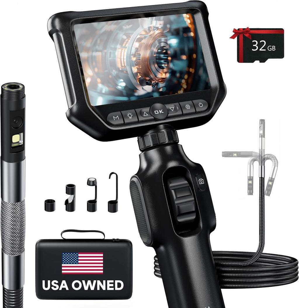 Two-Way Articulating Borescope, Dual Lens Inspection Camera with Light, 6mm Lens Snake Camera for Mechanic Inspections, and Plumbing, .24in Borescope Automotive, Industrial Endoscope, 5ft