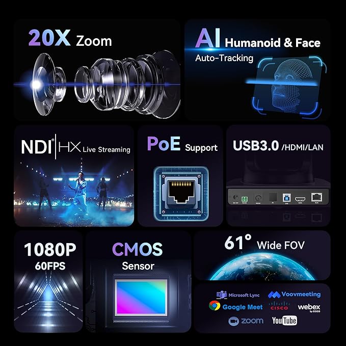 Tenveo NDI PTZ Camera AI Humanoid & Face Auto-Tracking, HDMI/LAN/USB3.0 PoE PTZ