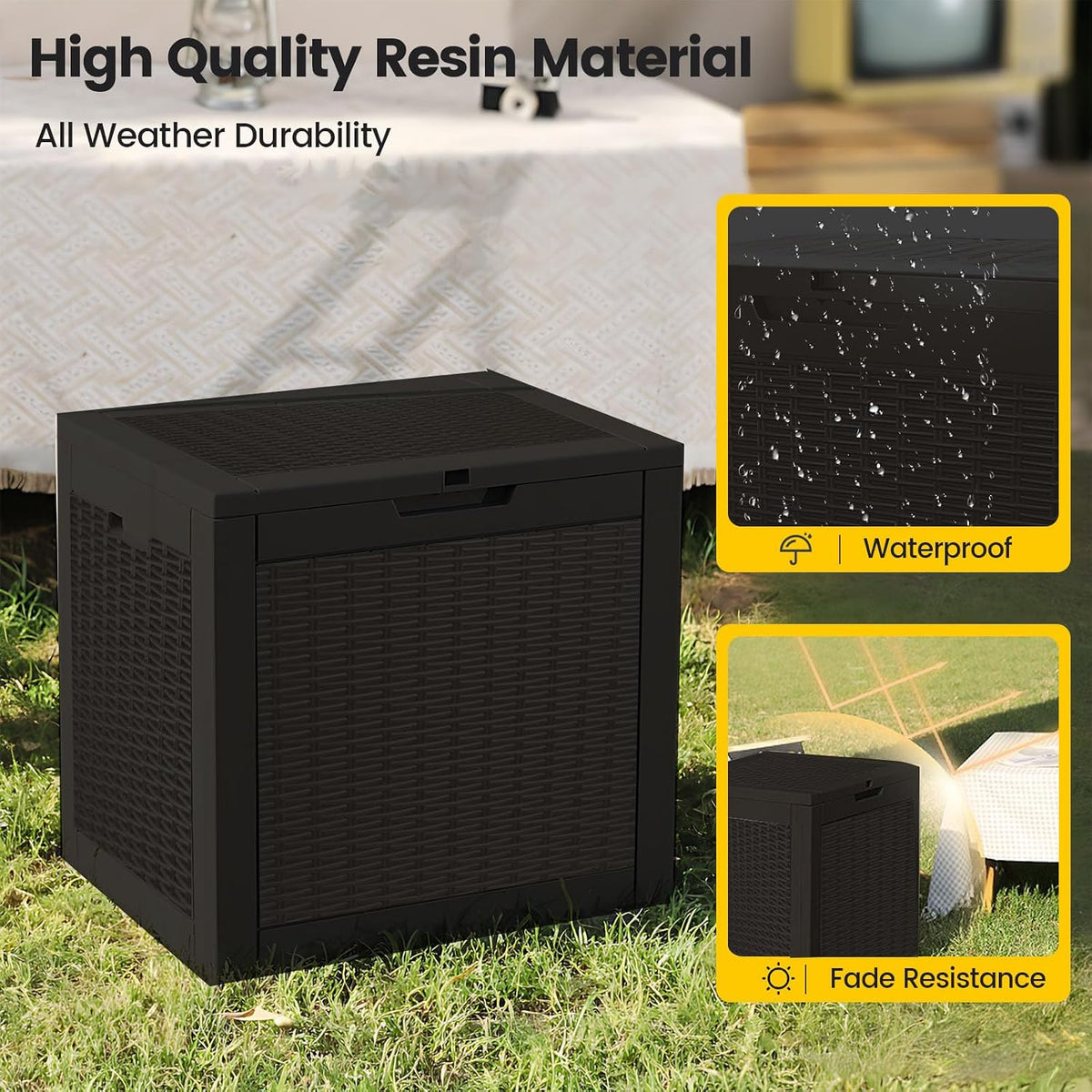 zapdos outdoor storage box, 31 gallon deck box shown in use