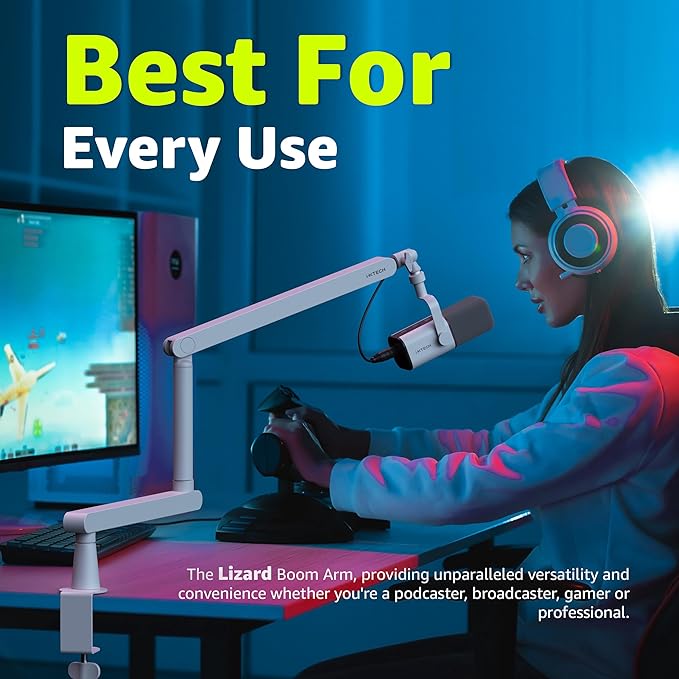 IXTECH White Microphone Boom Arm Stand Low Profile Boom Arm Adjustable Mic Stand