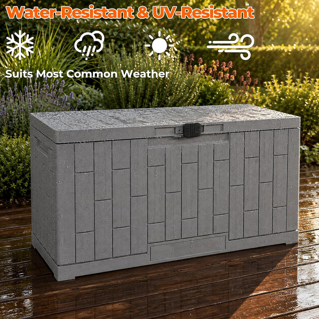 outdoor storage box, 60 gallon waterproof resin patio on a desk or shelf