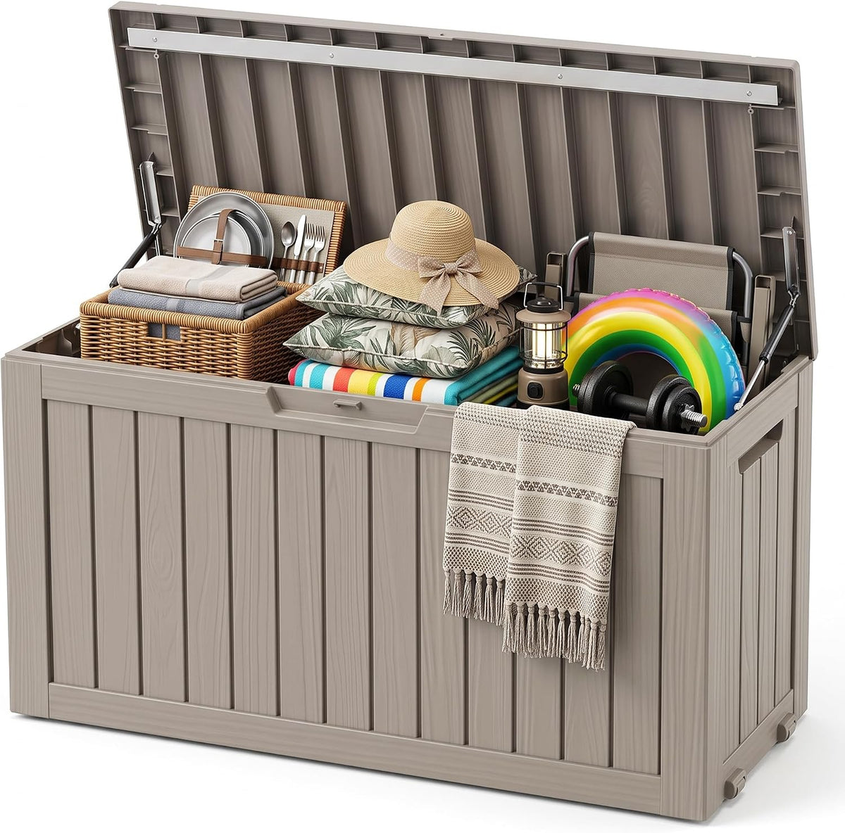 Outdoor Storage Box,100 Gallon Lockable Deck Box with Wheels,Grey