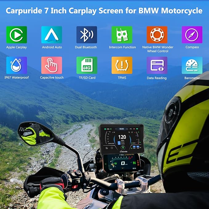CARPURIDE W702BS PRO for BMW Motorcycle CarPlay & Android Auto Dual Bluetooth