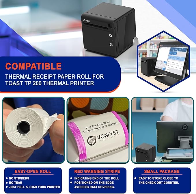 Thermal Printer Paper Roll for Toast TP200 Receipt Printer Point of Sale (12 rolls)