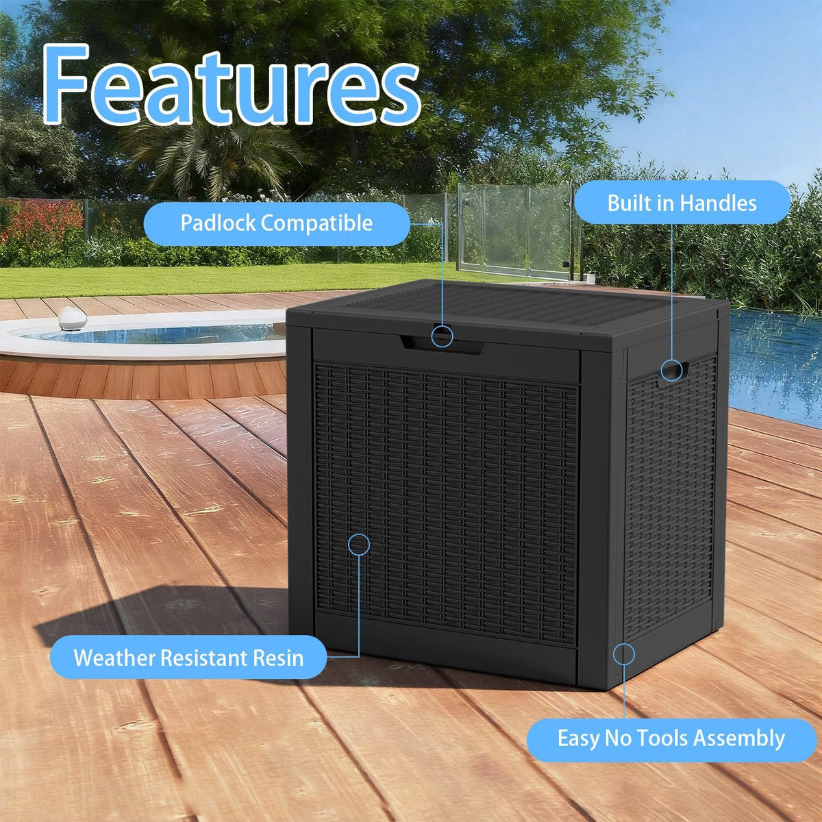 vixzen 36 gallon deck boxes outdoor waterproof, lockable showing dimensions