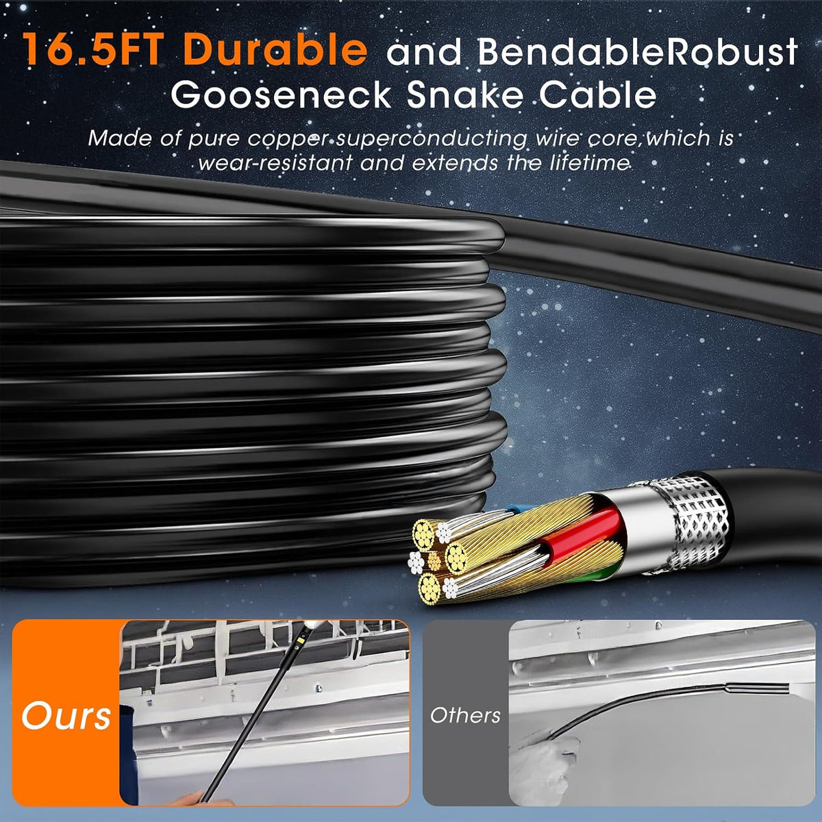 endoscope camera with light, inspection camera for sewer showing dimensions
