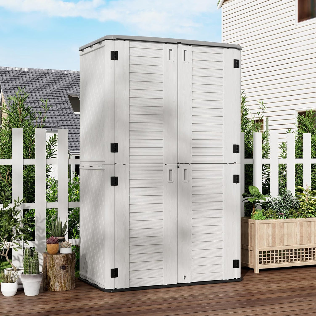 mrosaa outdoor storage cabinet waterproof,resin vertical storage shed showing dimensions