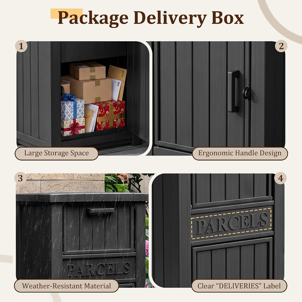 package delivery boxes for outside, outdoor storage box, package contents