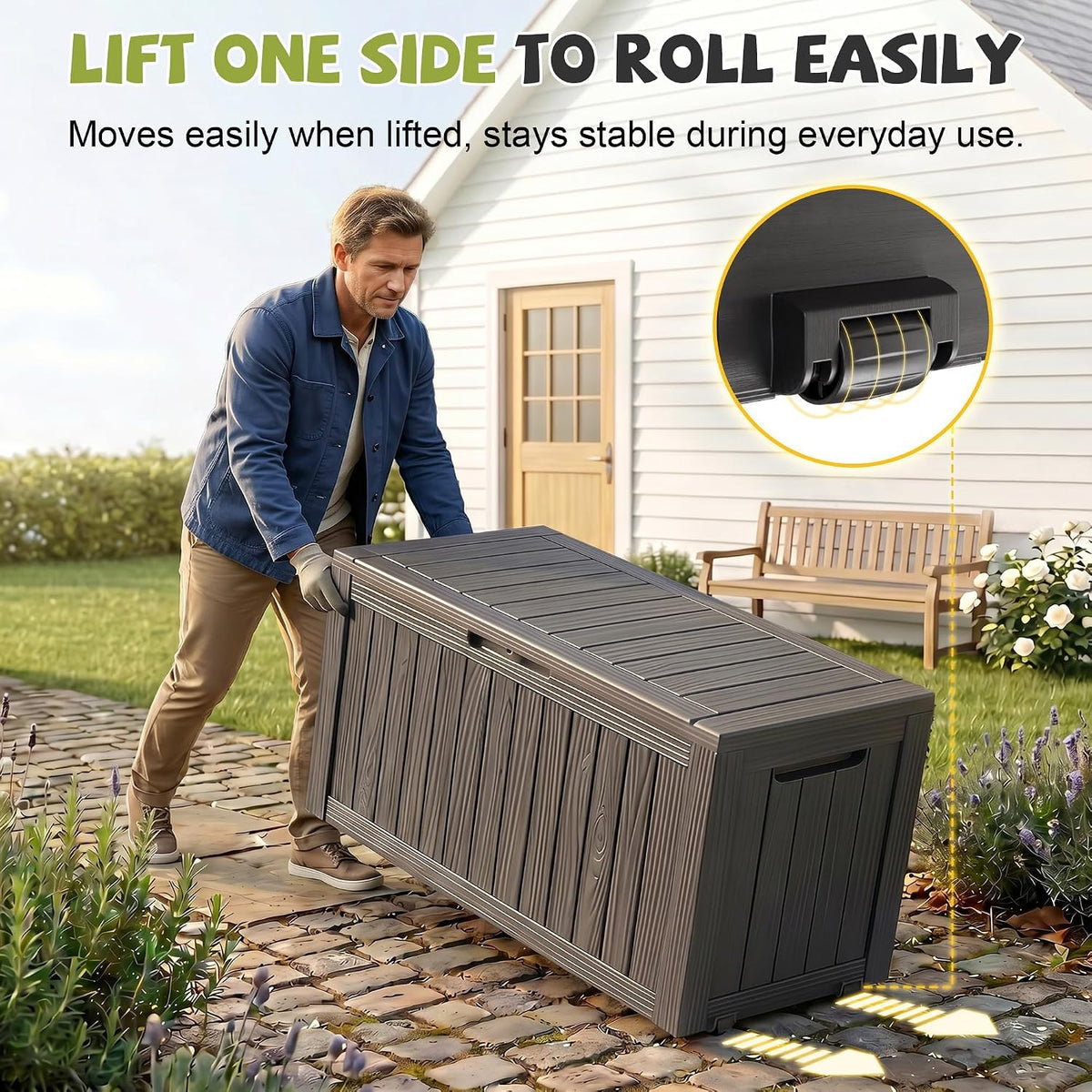 lockable resin storage bench, waterproof uv resistant outdoor shown in use