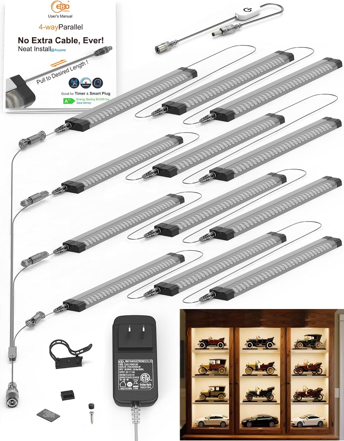 EBD LED Under Shelf Lighting, 4-Way Parallel Light Bar, 12-Panel Cabinet Lights