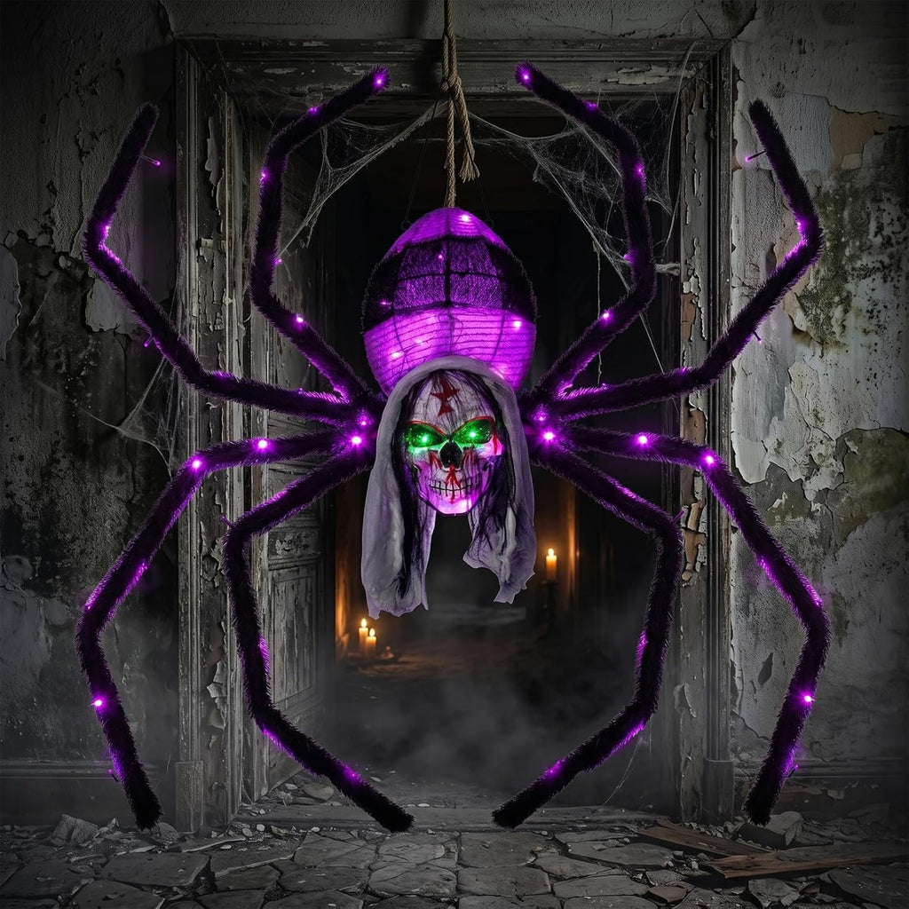 52" Halloween Giant Skull Face Spider, Lighted Outdoor Decoration with Flashing Red & Green Eyes, 70 LED Glowing Spider for Yard, Lawn, Porch, Haunted House Decor (52" Wall-Mounted)