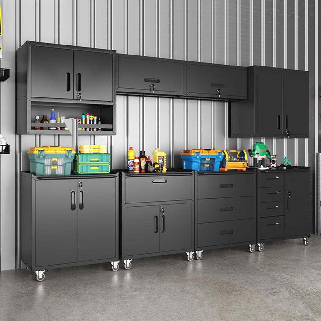 Black Garage Storage Cabinets System 6 PCS Workshop Set with Drawers Locking Heavy Duty Rolling Cart with Adjustable Shelves Garage Tool Workbench Cabinets,6pcs-1
