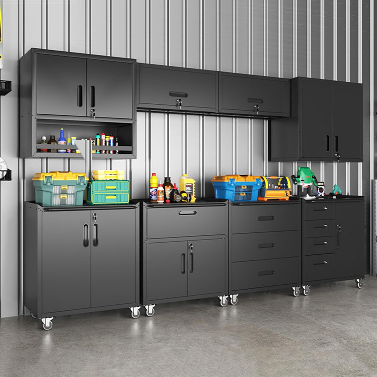 Black Garage Storage Cabinets System 6 PCS Workshop Set with Drawers Locking Heavy Duty Rolling Cart with Adjustable Shelves Garage Tool Workbench Cabinets,6pcs-1