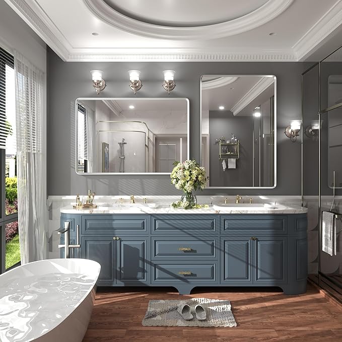 44x30 Inch Silver Framed Mirror, Brushed Nickel, Rounded Rectangle Mirror