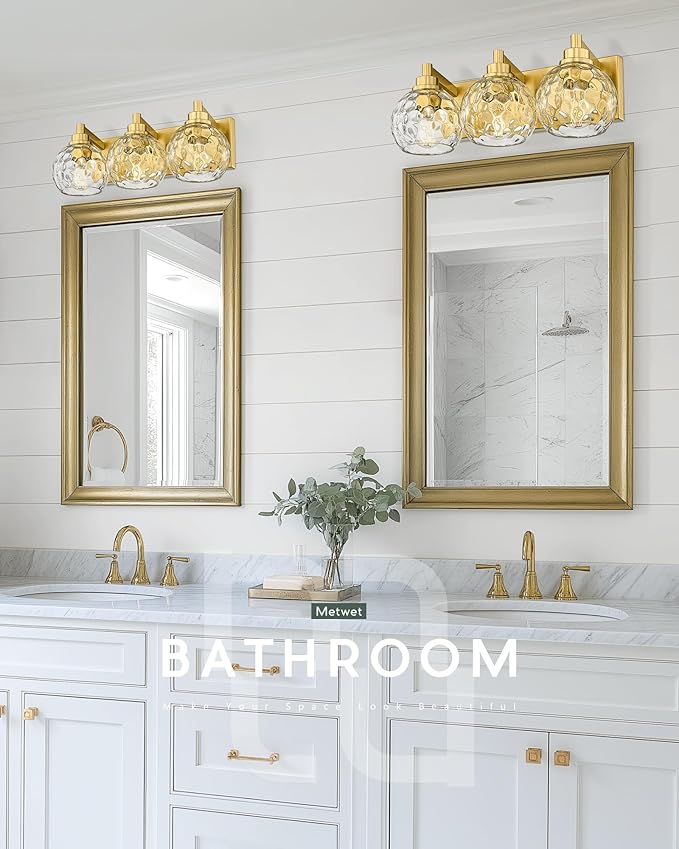 METWET Bathroom Light Fixtures Over Mirror, 3-Light Brushed Gold Vanity Light