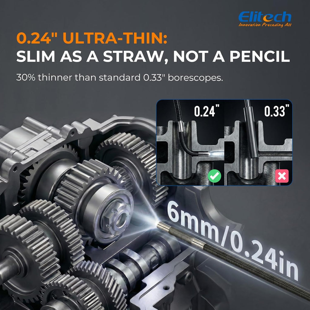 elitech articulating borescope with light, 6mm/0.24in inspection camera showing dimensions