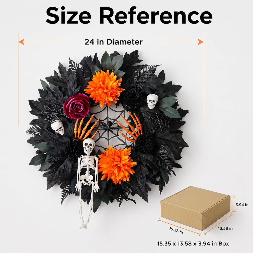 24in Halloween Wreath for Front Door, Black Pumpkin Skull Gothic Door Decor