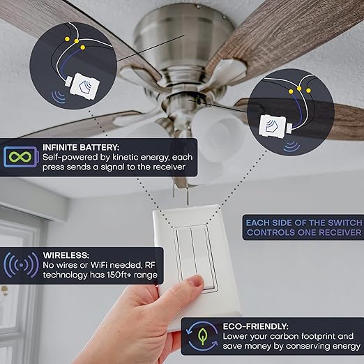 RunLessWire 3-Way Fan & Light Battery-Free DIY Kinetic Wireless Light Switch Kit
