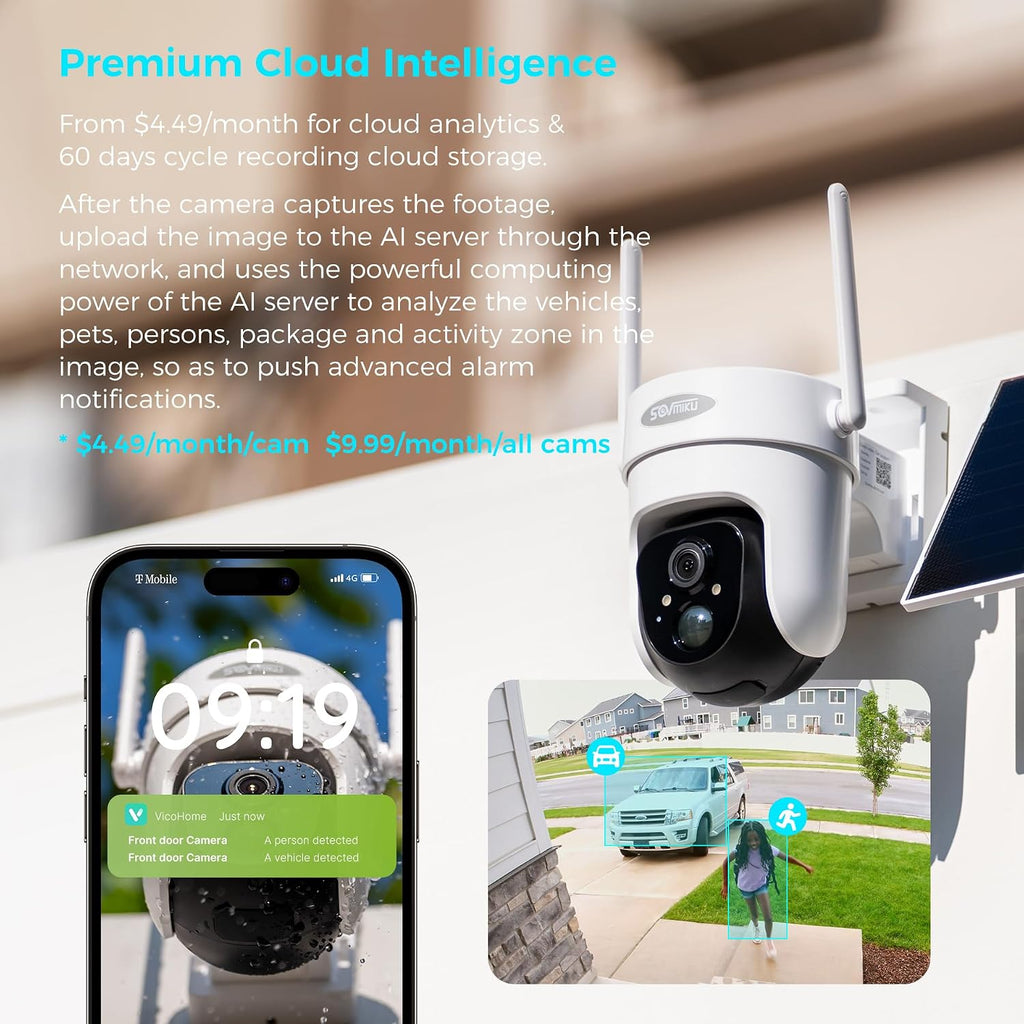 vicohome 2cq4g 2k ai solar security cameras, wireless showing dimensions