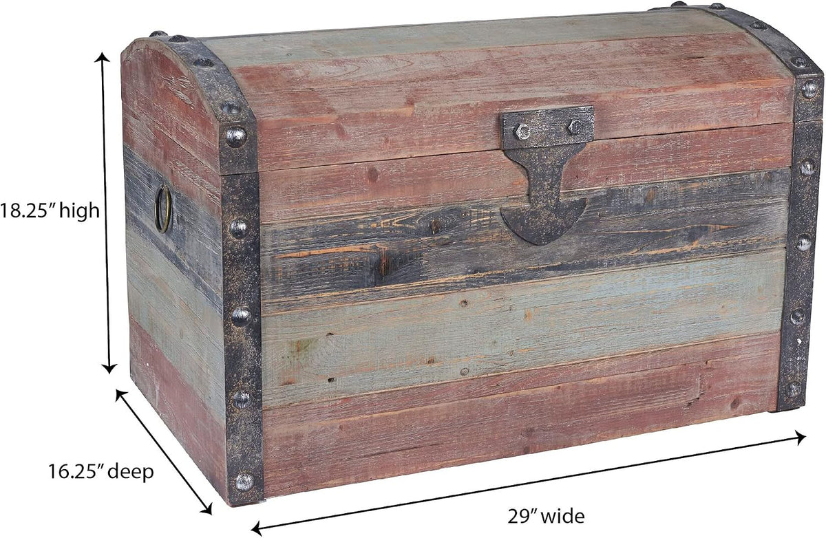 household essentials large wooden storage trunk, weathered wood, close-up detail