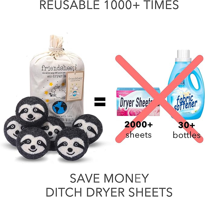 Friendsheep Wool Dryer Balls, Organic Reusable Fabric Softener Alternative (6 Pack)