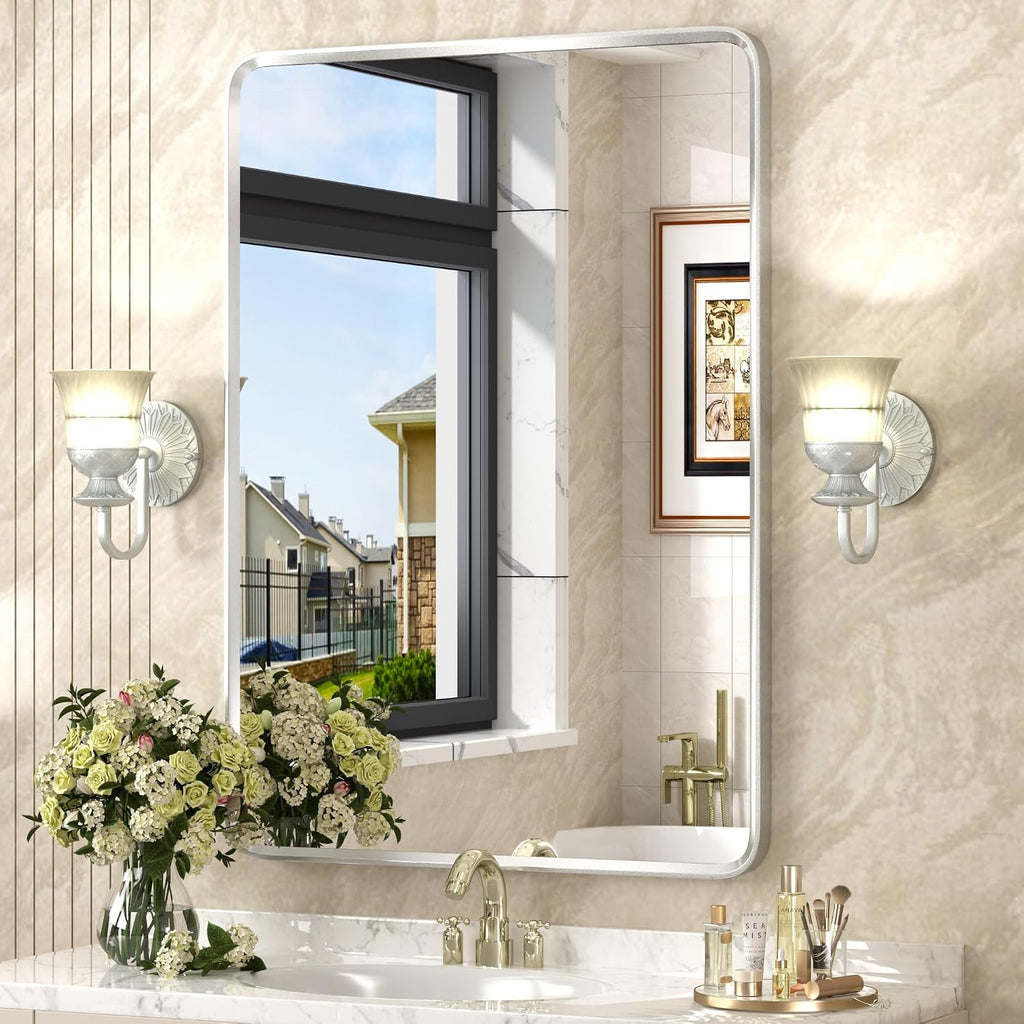 24x36 Inch Silver Framed Mirror, Brushed Nickel, Rounded Rectangle Mirror