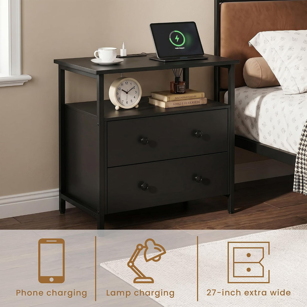 Edbuosy 27" Wide Nightstand with Charging Station & 2 Drawer, Black