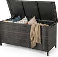 TANGZON 320L Garden Deck Box, Patio Cabinet Container with Polyester Liner, Universal Wheels & Gas Strut, Indoor Outdoor Storage Box for Pillows, Cushions & Tools (with Regularly-Woven Rattan, Brown)