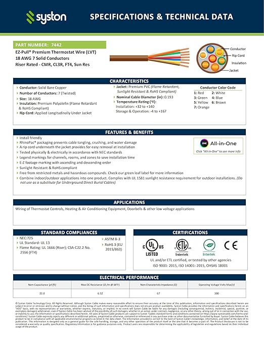 Syston 18/7 Thermostat Doorbell HVAC Heating Control Cable Wire, 100% Solid
