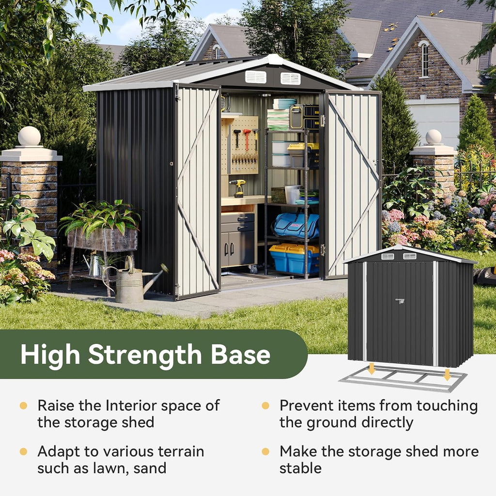 aoxun 6'x4' outdoor storage shed with base, black, side view