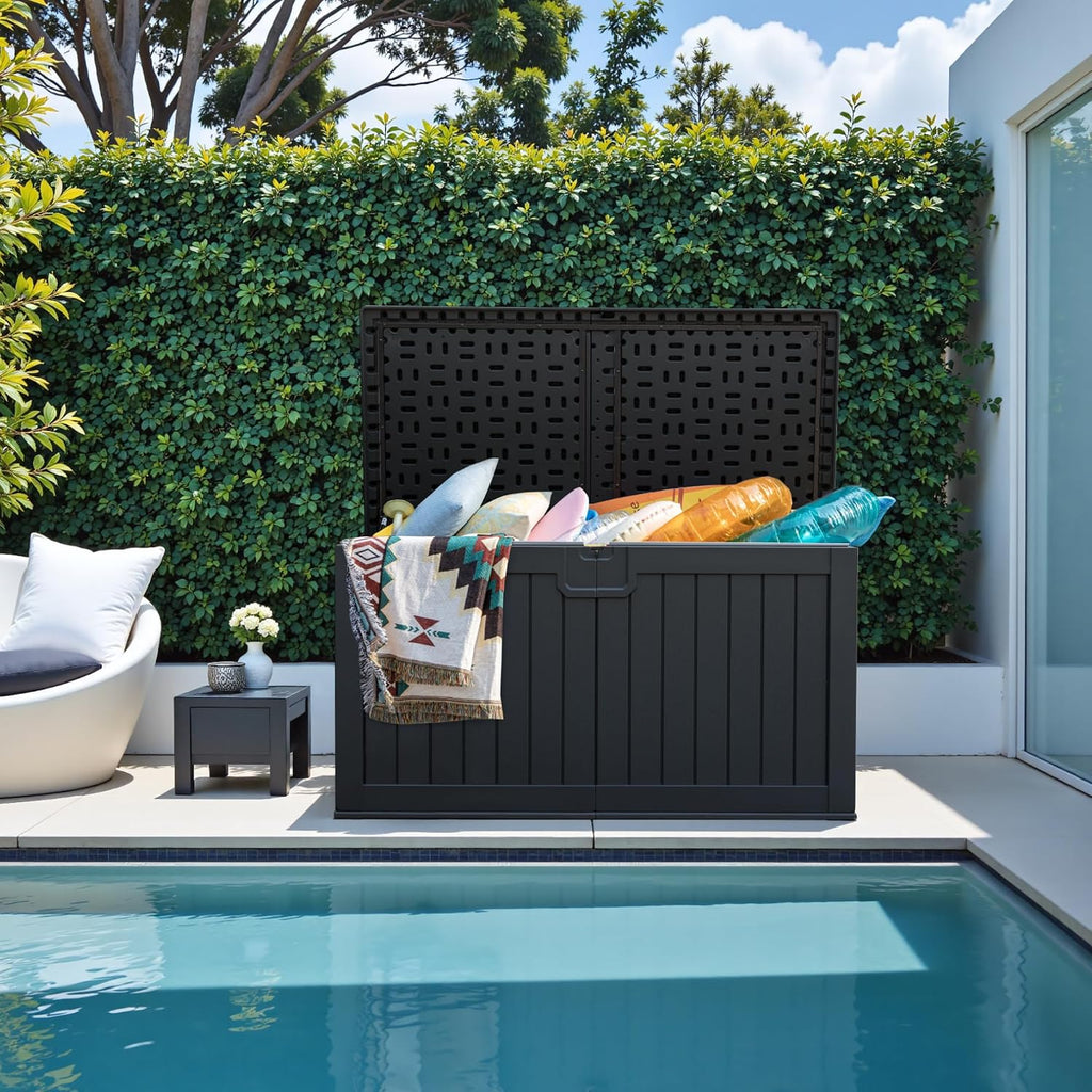 greesum 230 gallon hdpe outdoor storage box with shown in use