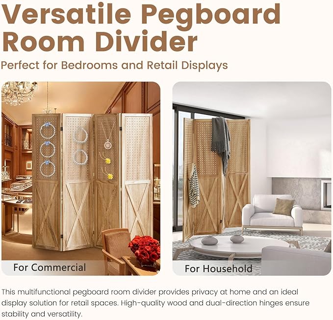 ALeesing 4 Panel Pegboard Wood Room Divider, 5.6Ft Pegboard Display Folding