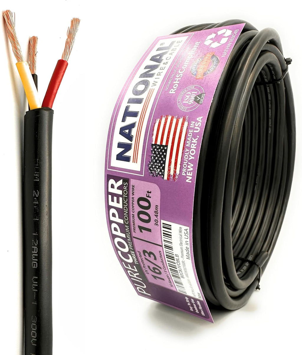NATIONAL Wire & Cable – 16 AWG 3-Conductor Premium Copper Wire, 100 ft