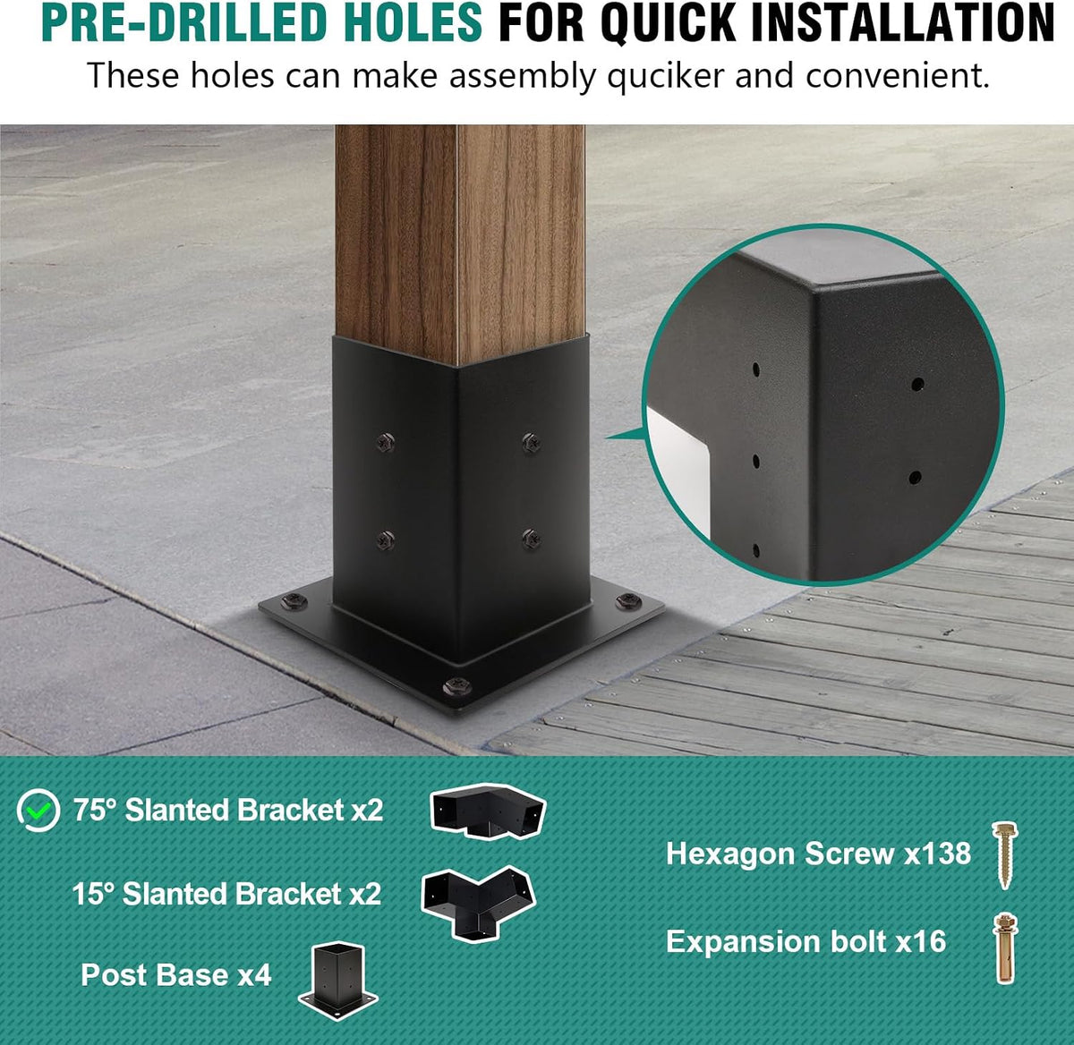 pergola brackets, 75° pergola brackets 15° corner bracket showing dimensions
