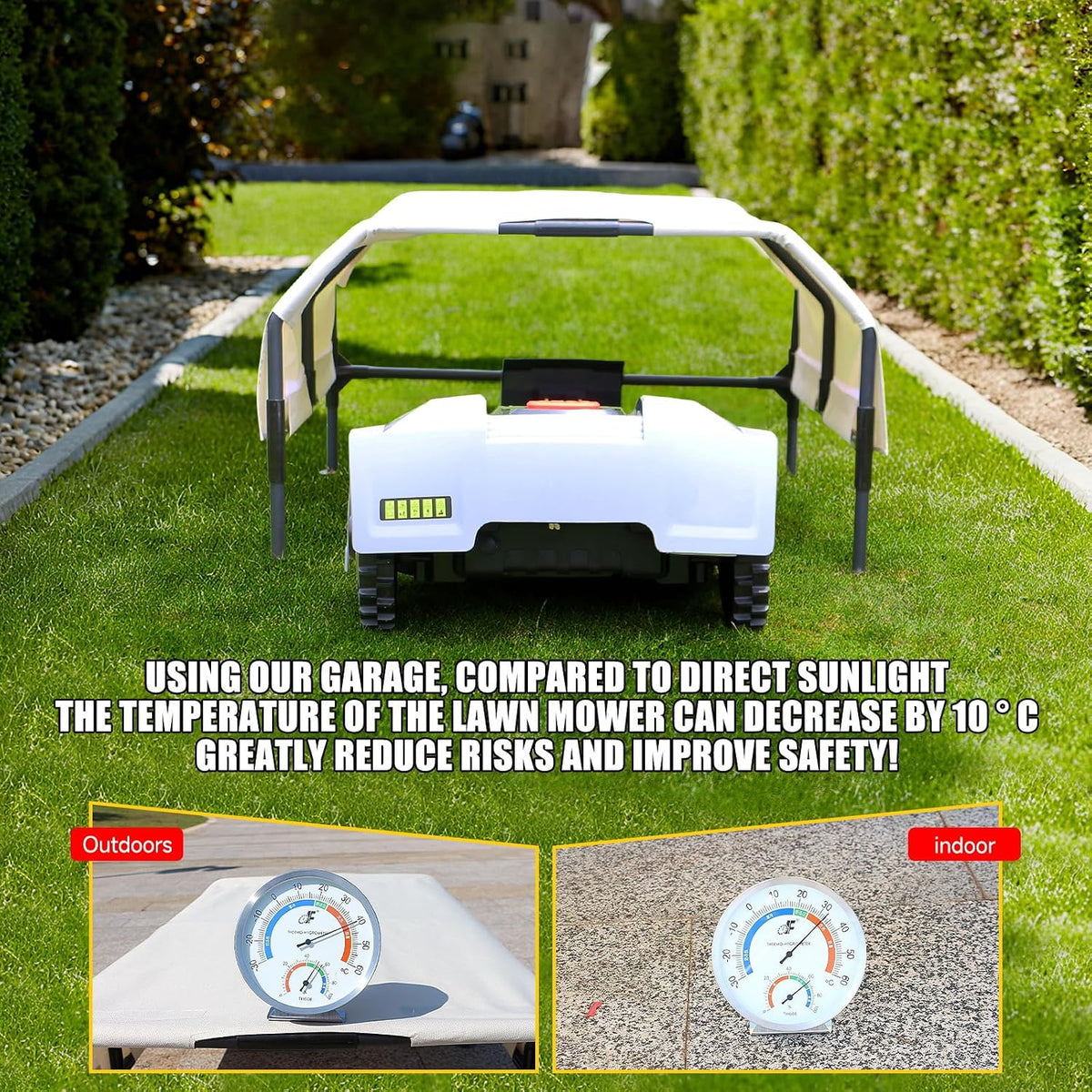 garage for robot lawn mower，for all models on showing dimensions
