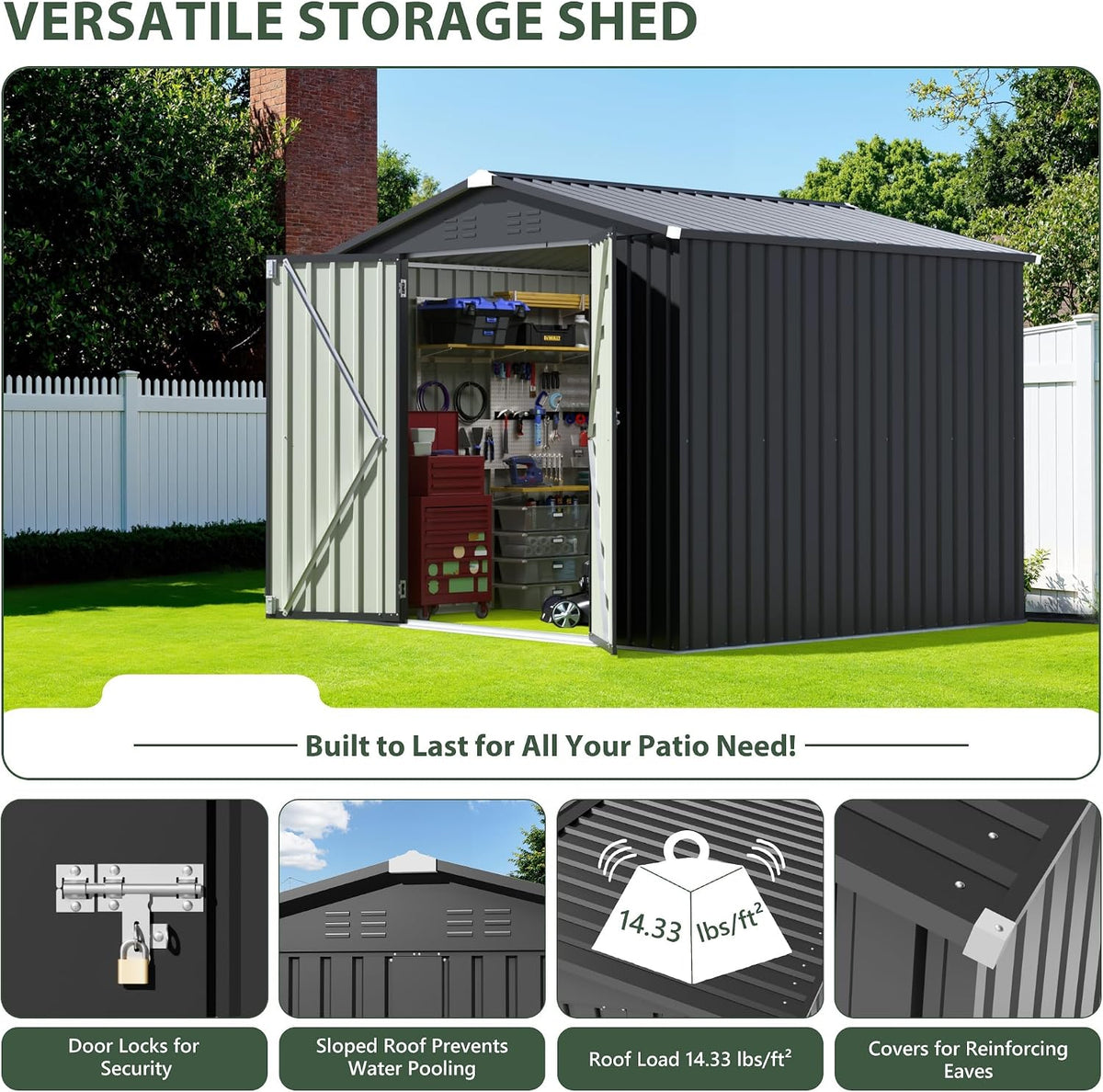 jummico 8x8 ft outdoor storage shed, tool metal, side view