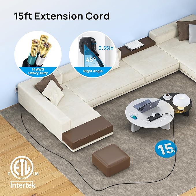 TROND Power Strip Surge Protector, Flat Plug 15ft Long Extension Cord, 10