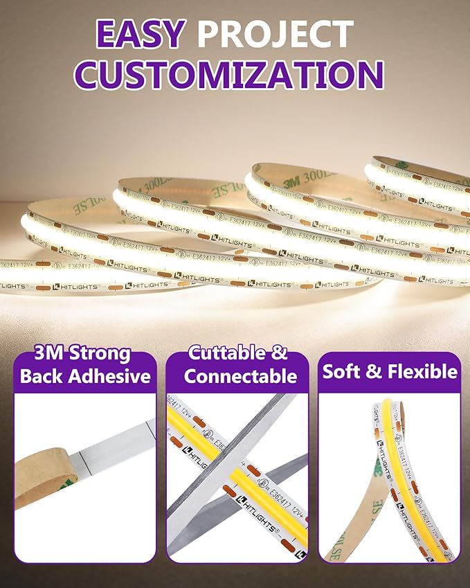 HitLights White COB LED Strip Lights 4000K, 12V Tape Light 16.4ft, 2640 LEDs