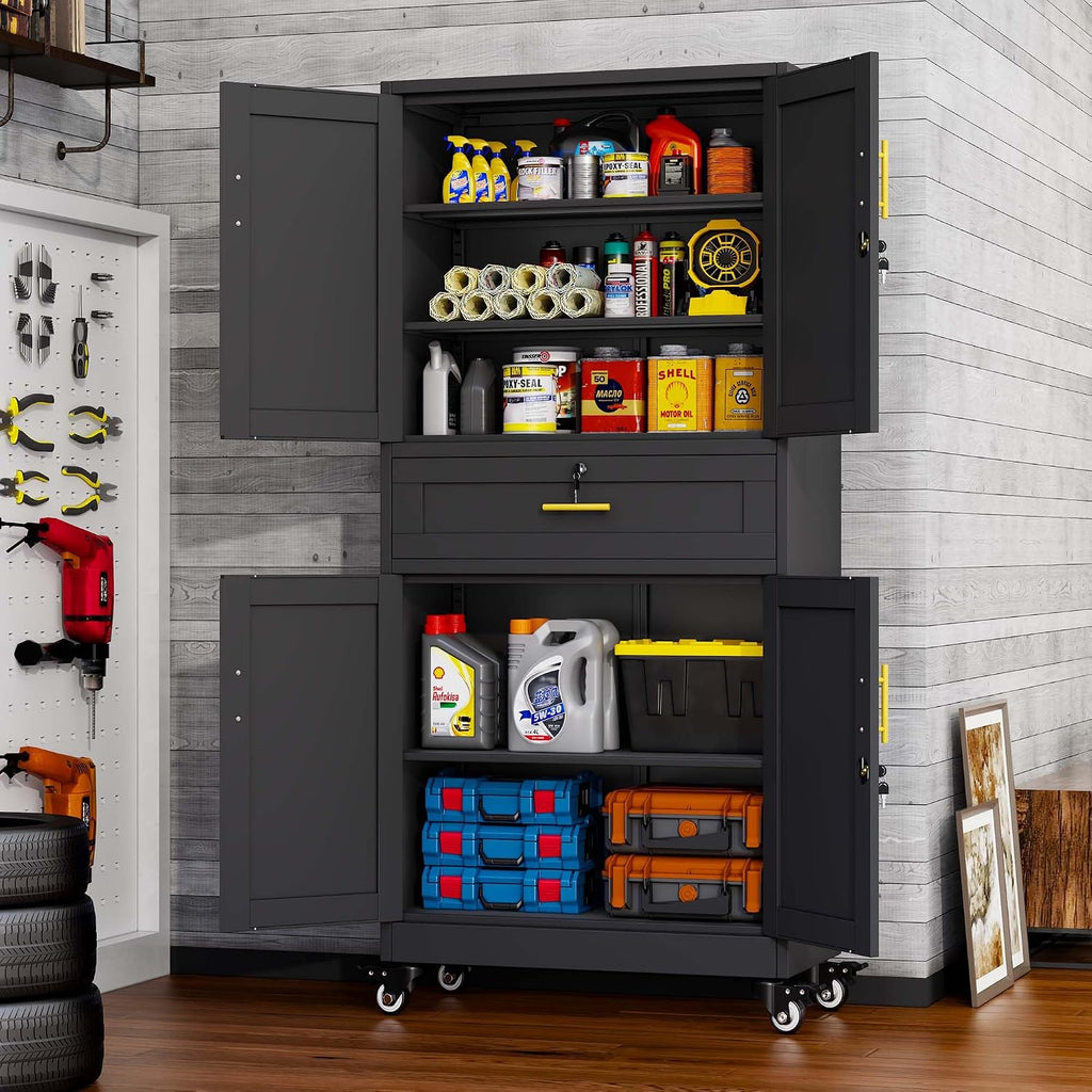 pozdeg 74" black lockable rolling metal garage storage shown in use