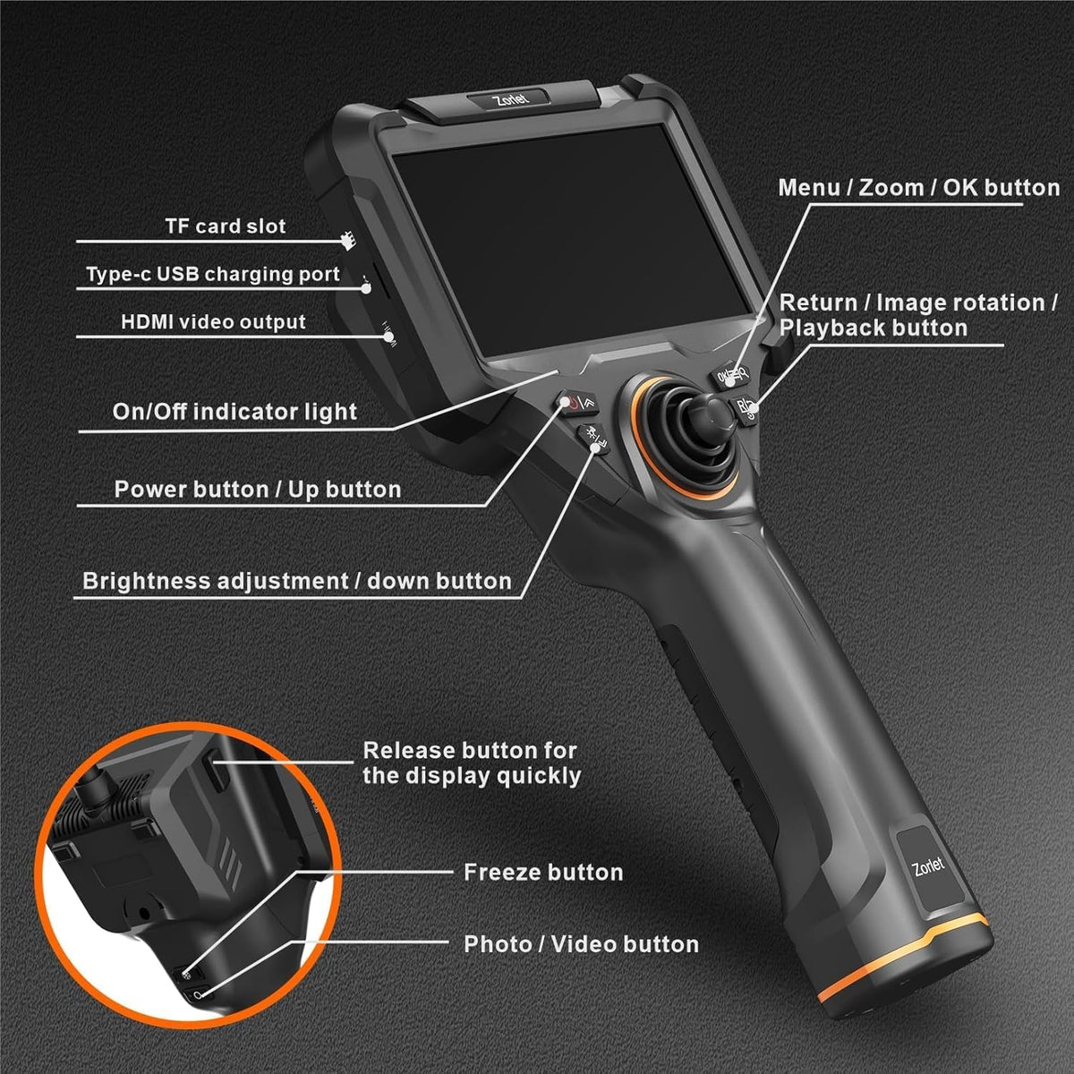 4-way articulating borescope, 0.25in/6.3mm probe, 5" screen, 5ft, front angle view