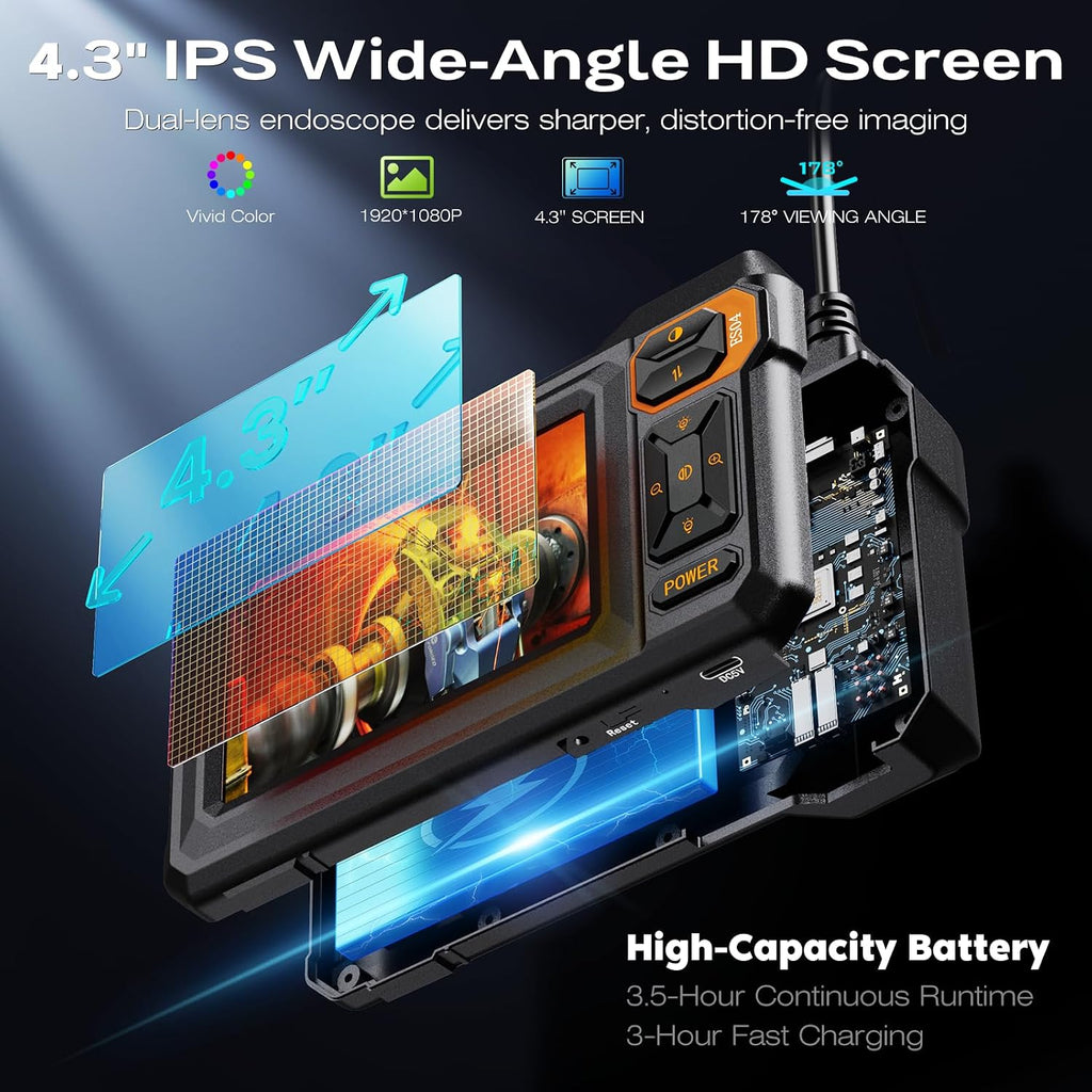 dual lens endoscope camera with light, 4.3" ips, close-up detail