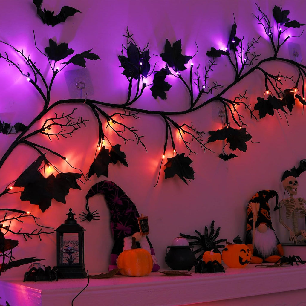 FLYSNK 9 FT 72 LED Halloween Willow Vine Twig Decorations With Orange & Purple Lights - 8 Modes & Timer - Battery Operated Garland for Indoor Mantle Fireplace Home Decor